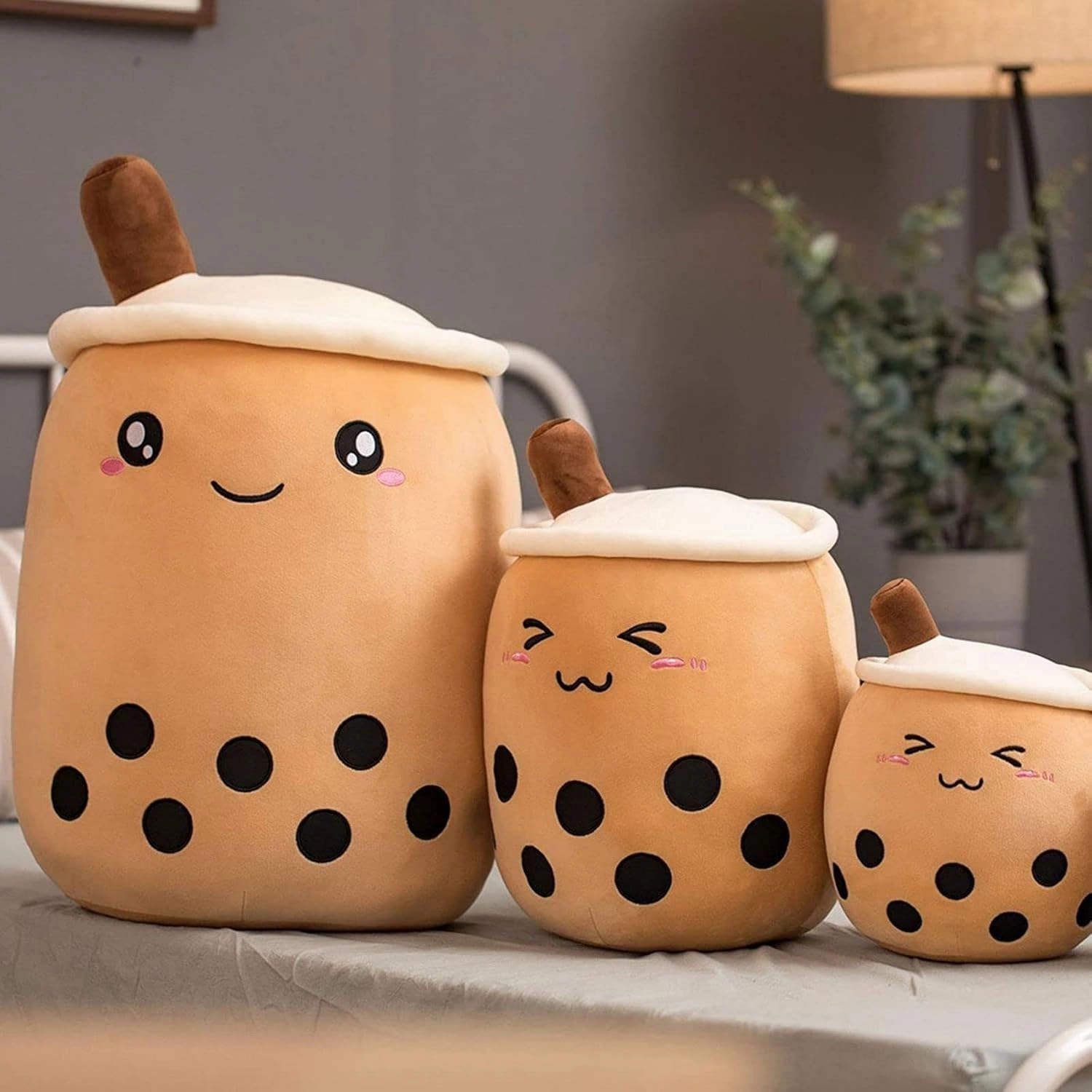 Cute Stuffed Boba Plushie Pillow Milk Tea Cup Plush, Soft Kawaii Hugging Plush Toy for Kids (Closed Eyes, 13.7 inch)