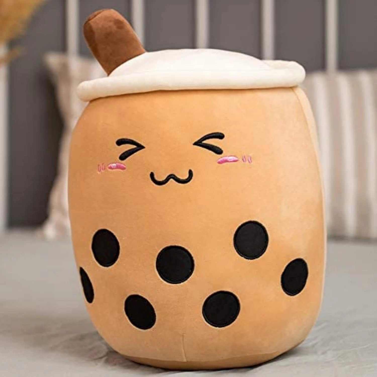 Cute Stuffed Boba Plushie Pillow Milk Tea Cup Plush, Soft Kawaii Hugging Plush Toy for Kids (Closed Eyes, 13.7 inch)