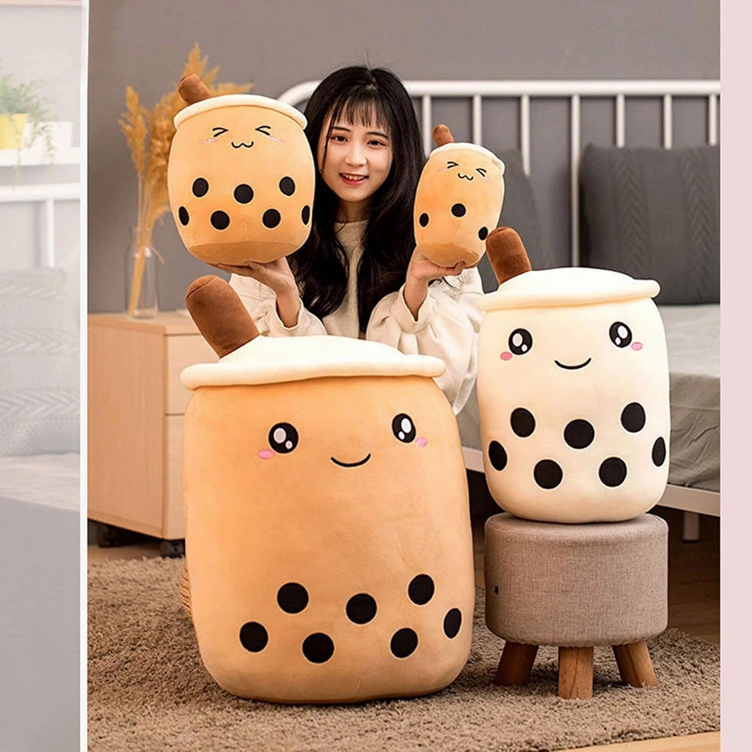 Cute Stuffed Boba Plushie Pillow Milk Tea Cup Plush, Soft Kawaii Hugging Plush Toy for Kids (Closed Eyes, 13.7 inch)