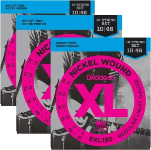 D'Addario Guitar Strings| Electric | 12 string | 3 Pack | EXL150 | Light
