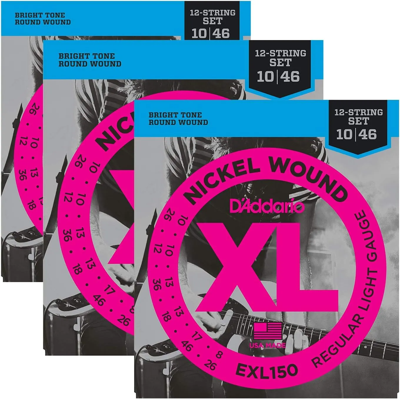 D'Addario Guitar Strings| Electric | 12 string | 3 Pack | EXL150 | Light