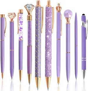 DAIKOYE 10 Pcs Ballpoint Pens Set Party Favors for Kids Purple Gifts Purple Pens for Women Girls Office Supplies School Supplies Black Ink Metal Crystal Diamond Pens
