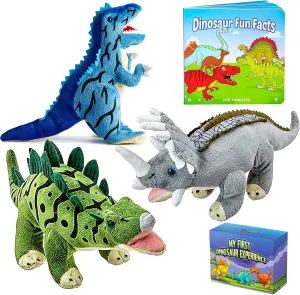 Dazmers Dino Stuffed Animals - 12 Inch Plush Toys with Board Book: Big Colorful Set for Toddlers Ages 1-3. Soft & Cuddly Dinosaur Gift - T-Rex, Triceratops, Stegosaurus. Learn & Play