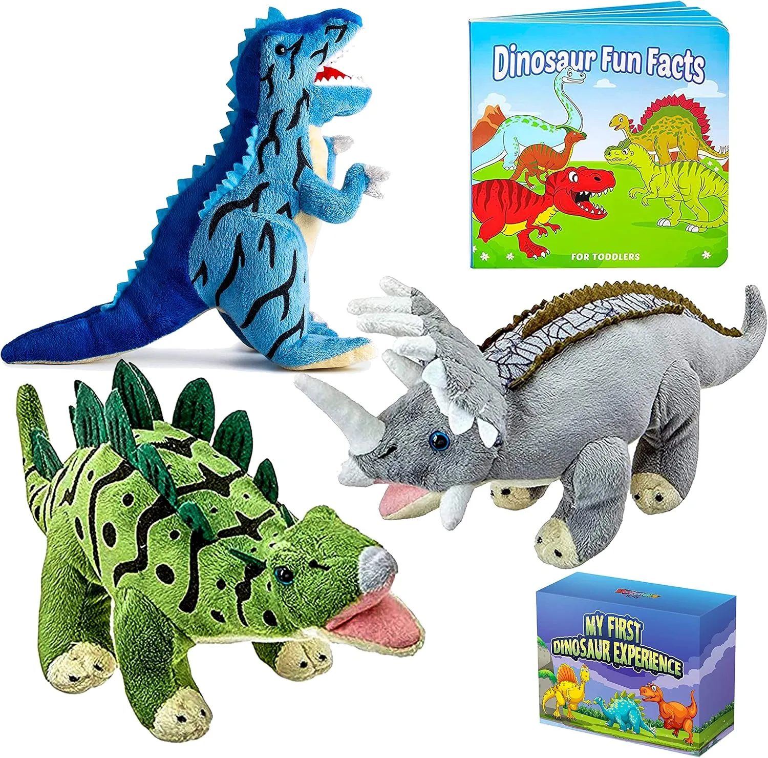 Dazmers Dino Stuffed Animals - 12 Inch Plush Toys with Board Book: Big Colorful Set for Toddlers Ages 1-3. Soft & Cuddly Dinosaur Gift - T-Rex, Triceratops, Stegosaurus. Learn & Play