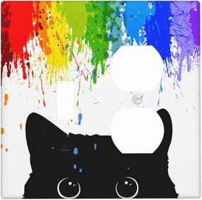 Decorative Light Switch Cover Plate Cute Black Cat Rainbow Colors 2 Gang Outlet Covers 1 Toggle 1 Duplex Wall Plate Decorate Electrical Switch Plate Covers for Kids Room Home Decor