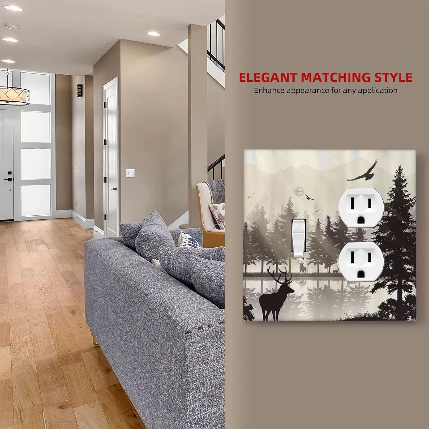 Decorative Light Switch Cover Plate Misty Forest Deer Mountain Tree Black Woodland Lake 2 Gang Outlet Covers 1 Toggle 1 Duplex Wall Plate Decorate Electrical Switch Plate Covers for Bathroom Bedroom
