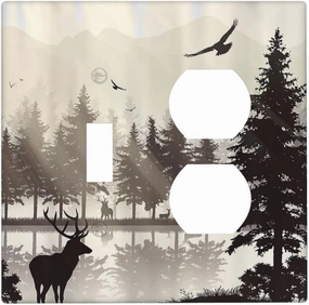 Decorative Light Switch Cover Plate Misty Forest Deer Mountain Tree Black Woodland Lake 2 Gang Outlet Covers 1 Toggle 1 Duplex Wall Plate Decorate Electrical Switch Plate Covers for Bathroom Bedroom