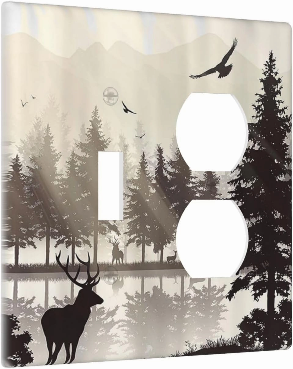 Decorative Light Switch Cover Plate Misty Forest Deer Mountain Tree Black Woodland Lake 2 Gang Outlet Covers 1 Toggle 1 Duplex Wall Plate Decorate Electrical Switch Plate Covers for Bathroom Bedroom