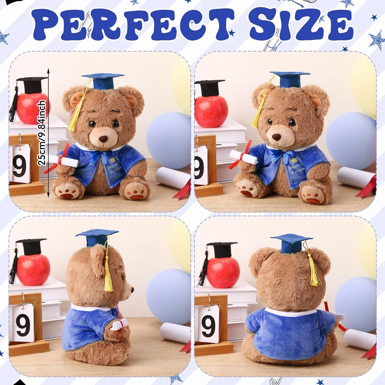 Deekin 10 Inch Graduation Bears Stuffed Animal Class of 2025 Plush Bear in Black Cap Graduation Bear Kindergarten Graduation Gifts Stuffed Bear Plush Bear Toy for Grad Party Decor(Blue)