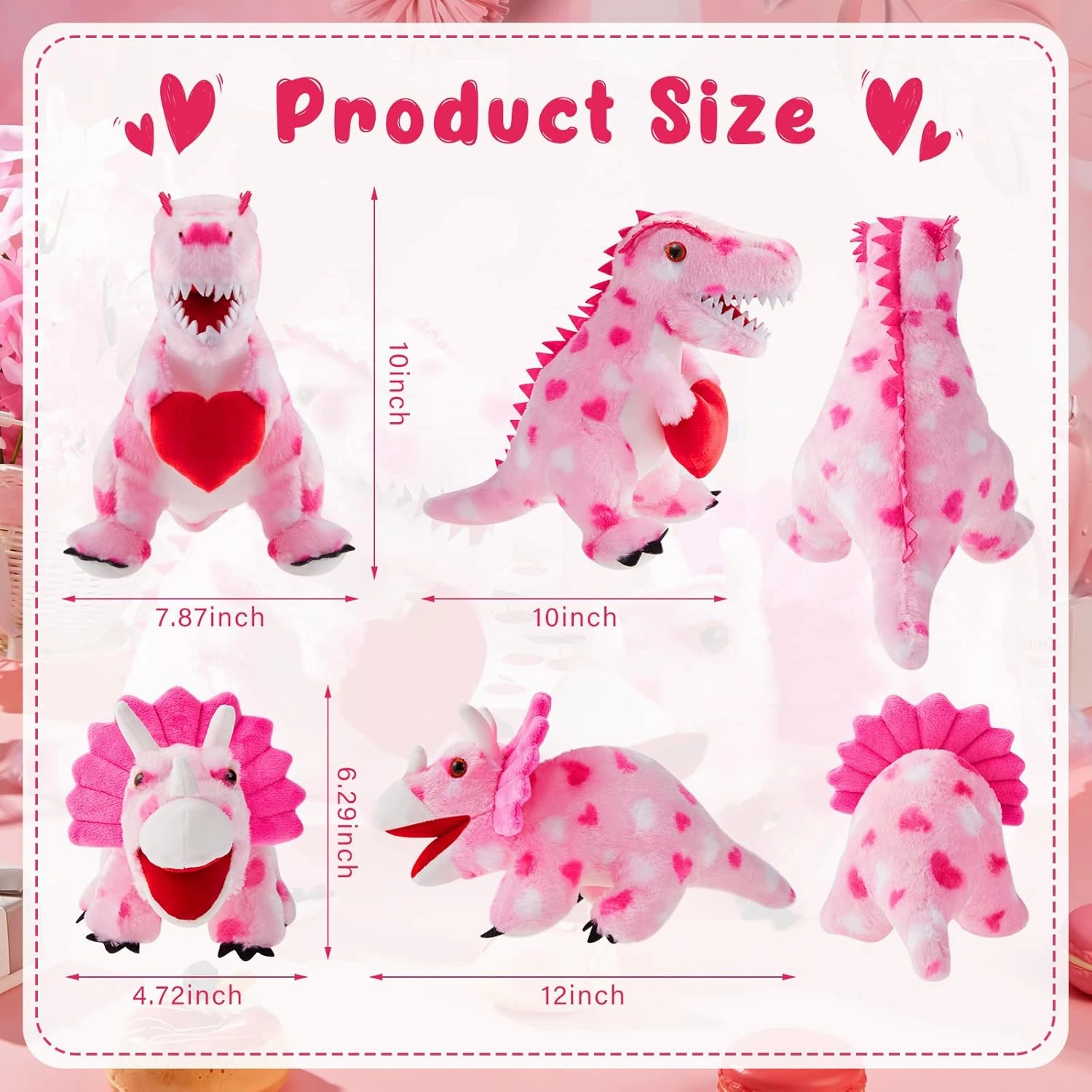 Deekin 2 Pcs Pink Dinosaurs Valentine‘s Day Stuffed Animals Kawaii Dinosaur Plush Gifts Holding Heart Dinosaurs Toy for Valentine‘s Day Party Decor Birthday Gifts Baby Shower Party (Lovely)