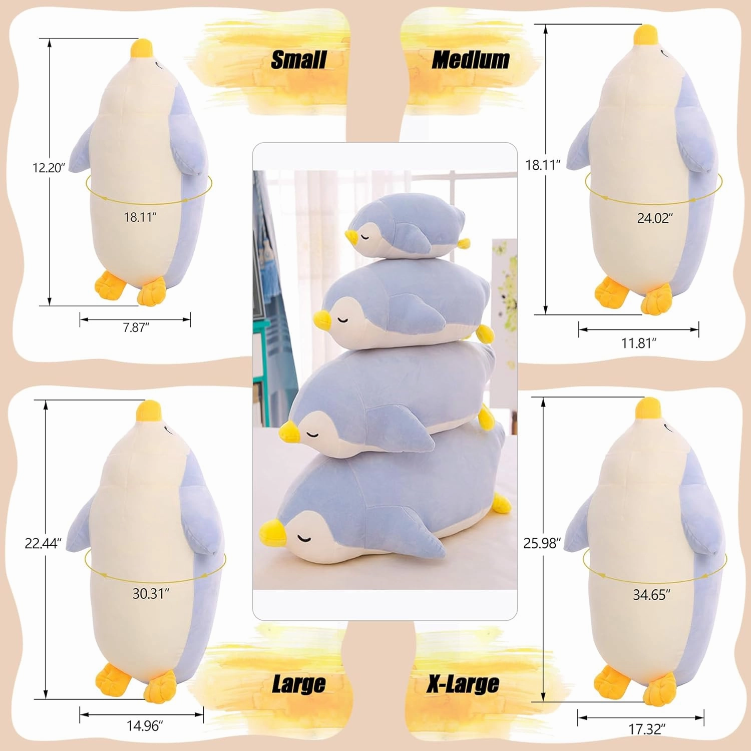 DENTRUN Penguin Stuffed Animals Bulk, Cute Penguin Plush Doll Play Toys for Kids Girls Boys Adults Birthday Xmas Halloween Present Adorable Soft Plushies, 12.20/18.11/22.44/25.98 Inchs, Blue, Black