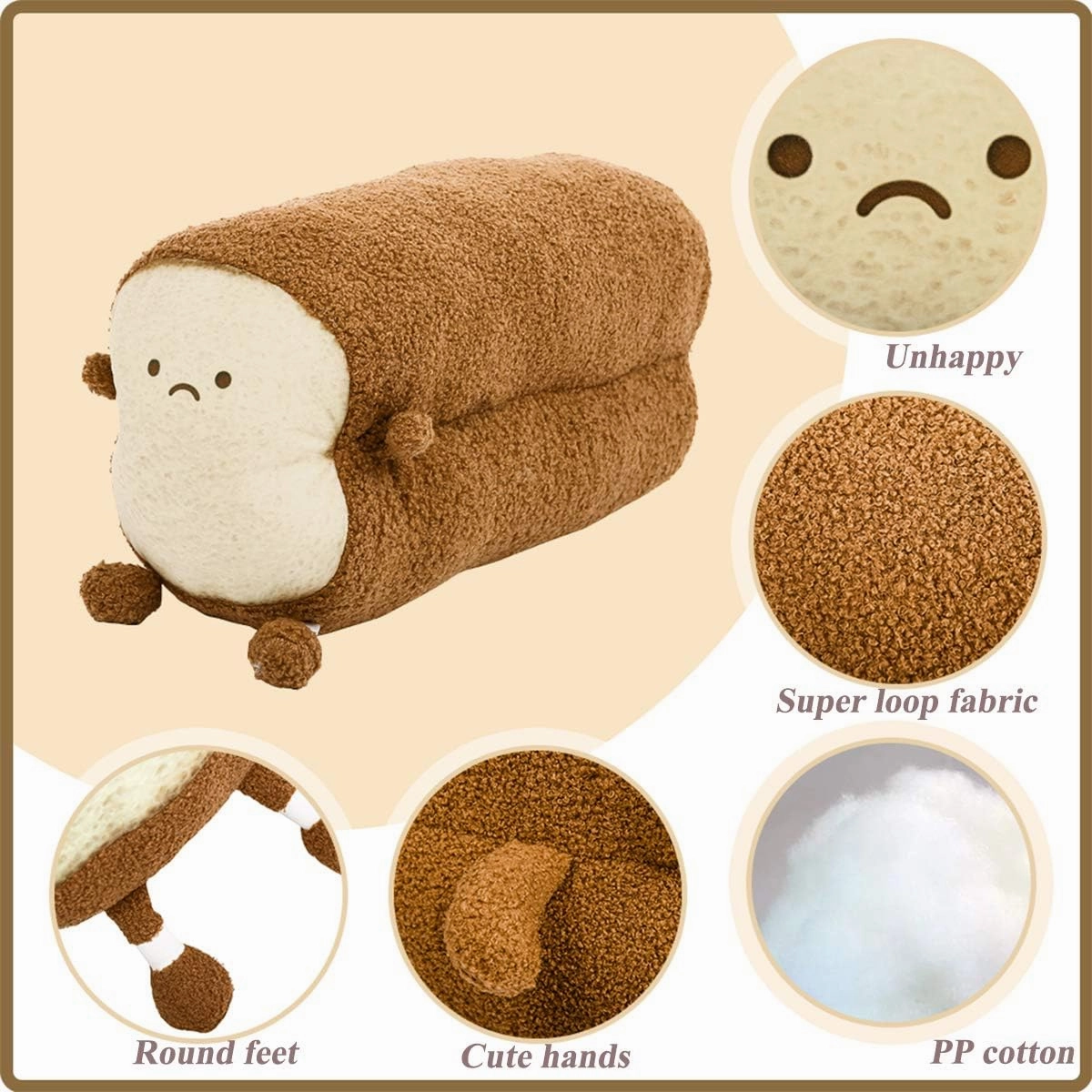 DENTRUN Toast Sliced Bread Pillow, Stuffed Bread Shape Plush Pillow, Facial Expression Soft Toast Bread Food Plushies Fun Sofa Cushion Stuffed Doll Toy for Kids Adults Gift Home Bed Room Decor, 15"