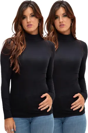 DEVOPS Womens 2 Pack Long Sleeve Mock Turtleneck Stretch Fitted Thermal Underlayer Shirts