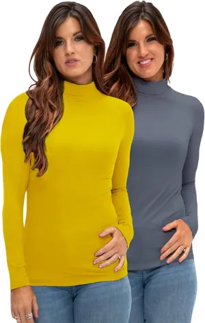 DEVOPS Womens 2 Pack Long Sleeve Mock Turtleneck Stretch Fitted Thermal Underlayer Shirts