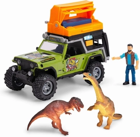 DICKIE TOYS: Jeep Dino Camper Set - Green & Orange - Light & Sound Toy Vehicle w/Trailer, Action Figure & 2 Dinosaurs, Licensed, Kids Ages 3 