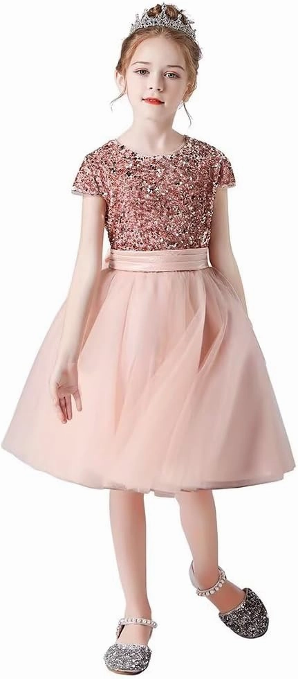 dideyttawl Short Flower Girls Dress Short Sleeves Velvet Sequin Top Tulle Skirt Round Neck Junior Bridesmaid Dresses
