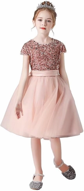 dideyttawl Short Flower Girls Dress Short Sleeves Velvet Sequin Top Tulle Skirt Round Neck Junior Bridesmaid Dresses