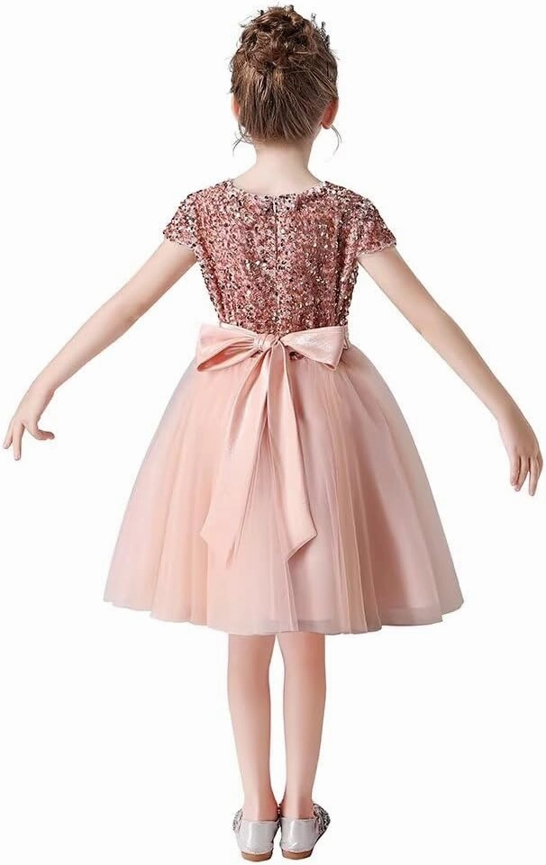 dideyttawl Short Flower Girls Dress Short Sleeves Velvet Sequin Top Tulle Skirt Round Neck Junior Bridesmaid Dresses
