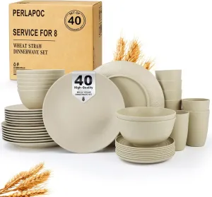 Dinnerware Sets 40 PCS Wheat Straw Plates and Bowls Sets With Cups Service for 8 Microwave Safe Dishes for Kitchen Lightweight Dish Set for RV Outdoor Activities Travel - Beige Colors