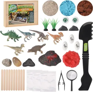 Dinosaur Putty Explorers Educational Sensory Kit Wooden Box Dino Figures Explorer Sand Eggs Volcano Imagination Creative Learning Toys for Ages 5 Up Easter Basket Idea Science Teacher Classroom Gifts