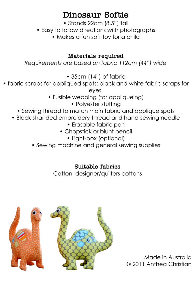 Dinosaur Softie PDF Sewing Pattern