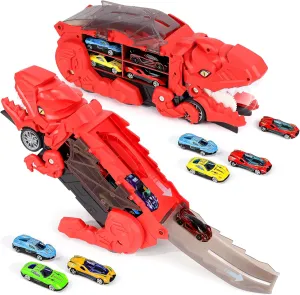 Dinosaur Transport Truck with 6 Racing Cars - Car Transporter Dinosaur Truck with Foldable Sliding Ramp - Dino Birthday Gift Toys for 3 4 5  Year Old Boy - Toddler & Kids (Red)