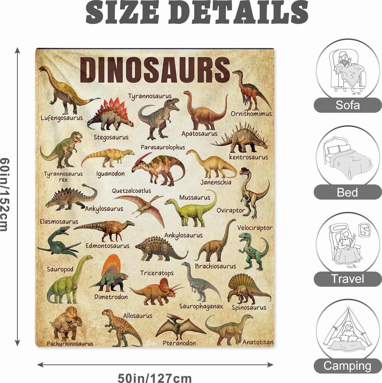 Dinosaur Blanket for Kids, Educational Gifts for Dinosaur Lovers Children Boy Girl, Jurassic World Dinosaurs Throw Blanket Ultra-Soft Skin-Friendly for Sofa Bed Home Dino Room Decor 50 * 60in