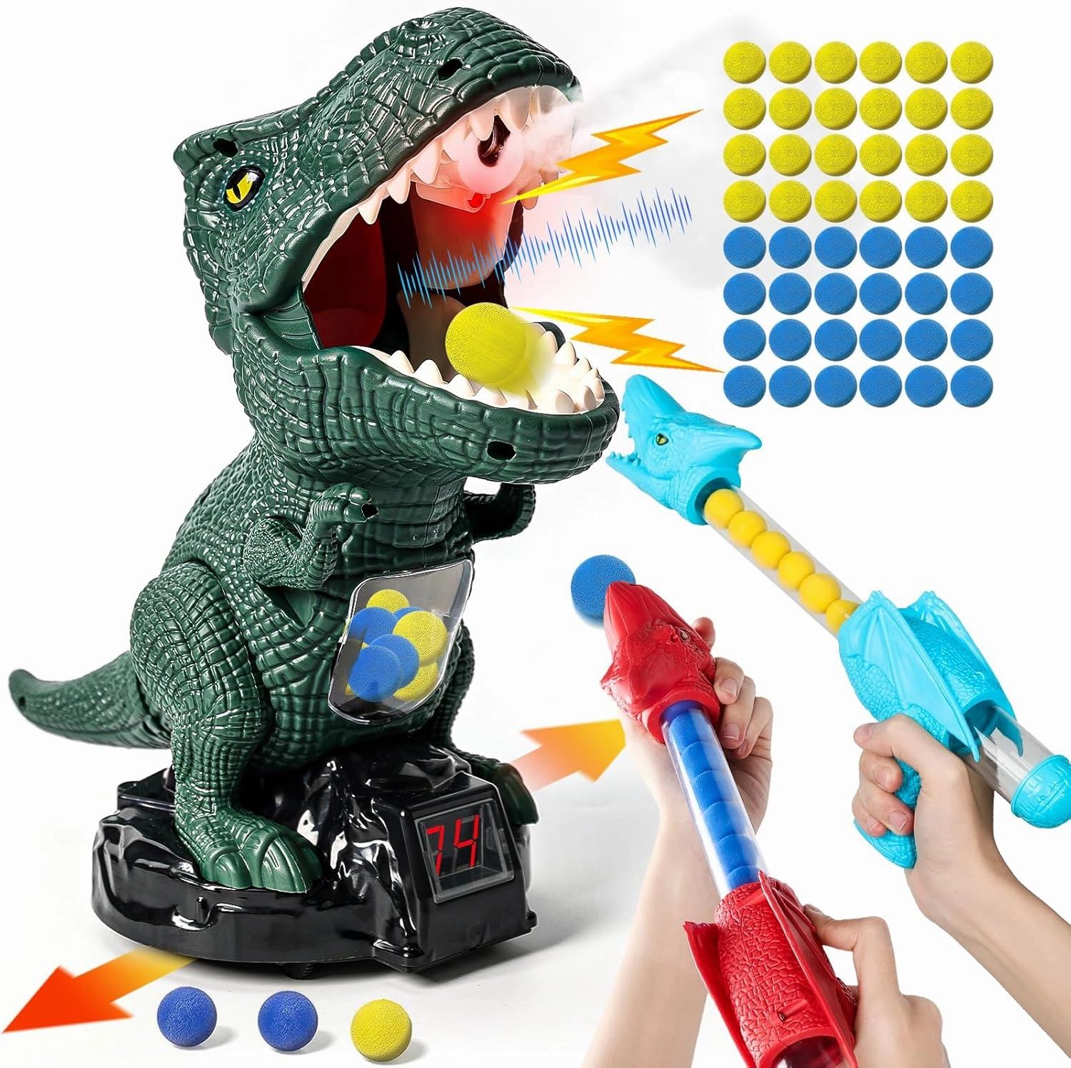 Dinosaur Shooting Toy for Boys Girls, Movable Target Shooting Games with 2 Air Pump Launcher, 48 Foam Balls, LED Score Record, Spray Effect & Sound, Competition Game Gift for Kids 5 6  (Green)