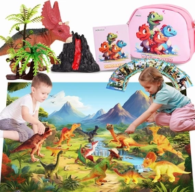 Dinosaur Toys for Kids 3-5,12 Packs Realistic Dino Figures Play Set for Boys and Girls,Large Activity Play Mat,Dinosaur Cards,Tree Figures,Great Gifts for Kids
