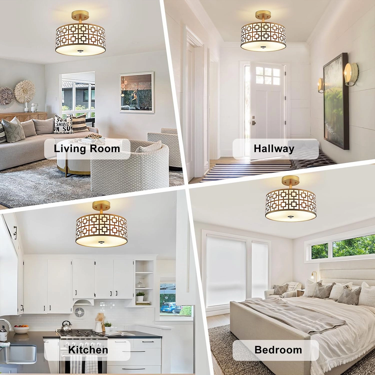 DLLT Flush Mount Ceiling Light: Modern 3-Light Semi Flush Mount Ceiling Light Fixture - Drum Kitchen Lighting Fixture for Dining Room - Gold Bedroom Ceiling Lamp with Double Shade