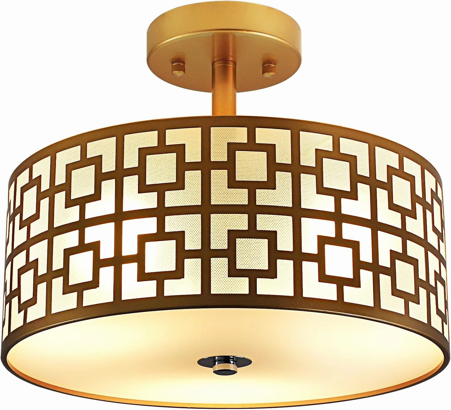 DLLT Flush Mount Ceiling Light: Modern 3-Light Semi Flush Mount Ceiling Light Fixture - Drum Kitchen Lighting Fixture for Dining Room - Gold Bedroom Ceiling Lamp with Double Shade