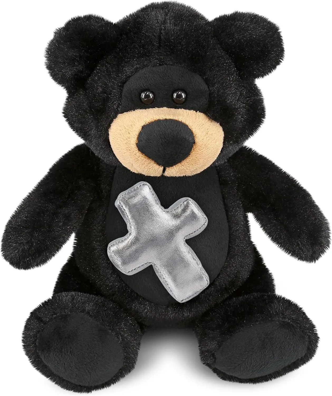 DolliBu Black Bear Stuffed Animal with Silver Cross Plush- Religious Baptism Gifts for Boys and Girls, Dedication Christening Gifts Plush Prayer Toy Healing Teddy Bear - 9 Inches