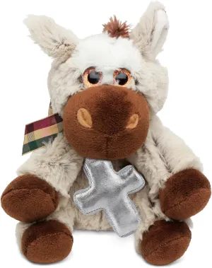 DolliBu Floppy Donkey Stuffed Animal with Silver Cross Plush - Religious Baptism Gifts for Boys and Girls Dedication Christening Gifts Plush Prayer Toy Healing Stuffed Animal - 7 Inches