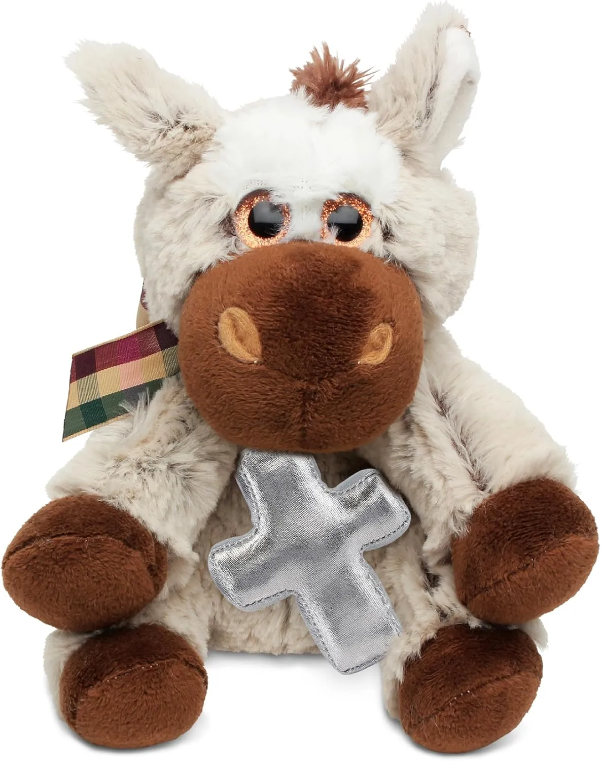 DolliBu Floppy Donkey Stuffed Animal with Silver Cross Plush - Religious Baptism Gifts for Boys and Girls Dedication Christening Gifts Plush Prayer Toy Healing Stuffed Animal - 7 Inches