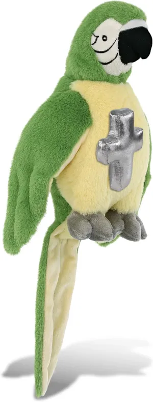 DolliBu Green Parrot Stuffed Animal with Silver Cross and Personalization - Religious Baptism Gifts for Boys and Girls, Dedication Christening Gifts Plush Prayer Toy Healing Teddy Bear - 9 Inches