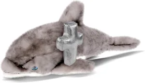 DolliBu Grey Dolphin Stuffed Animal with Silver Cross and Personalization - Religious Baptism Gifts for Boys and Girls, Dedication Christening Plush Prayer Toy Healing Teddy Bear - 12.5 Inches