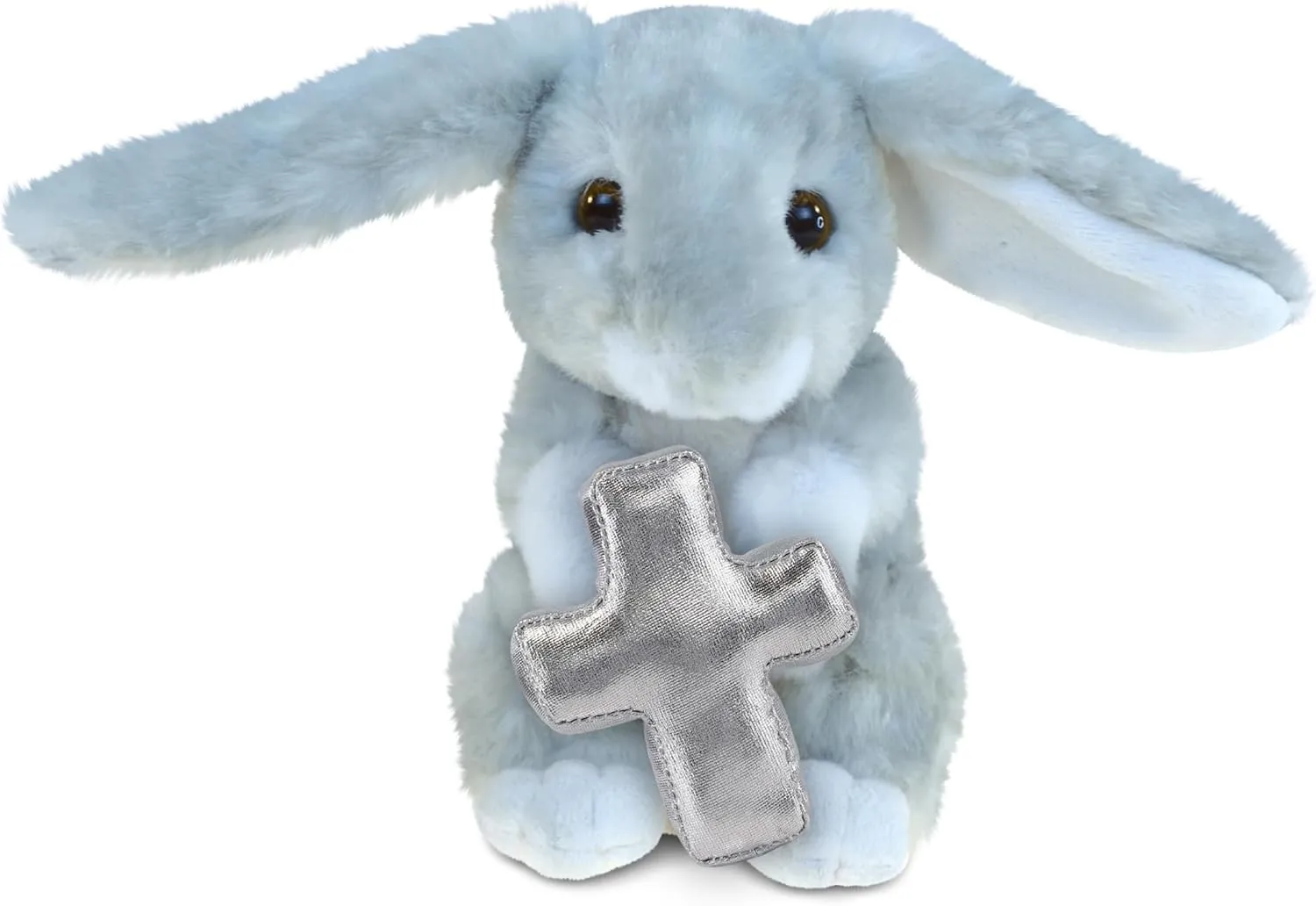 DolliBu Grey Rabbit Stuffed Animal with Silver Cross Plush - Religious Baptism Gifts for Boys and Girls, Dedication Christening Gifts Plush Prayer Toy Healing Stuffed Animal - 6.5 Inch