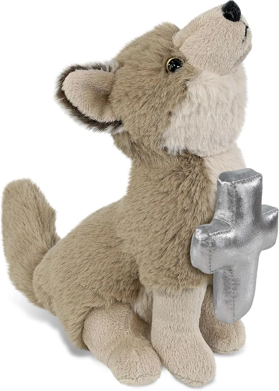 DolliBu Howling Wolf Stuffed Animal with Silver Cross and Personalization - Baby Baptism Gifts for Boys and Girls, Dedication Christening Gifts Plush Prayer Toy Healing Teddy Bear - 10.5 Inches