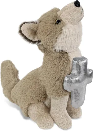 DolliBu Howling Wolf Stuffed Animal with Silver Cross and Personalization - Baby Baptism Gifts for Boys and Girls, Dedication Christening Gifts Plush Prayer Toy Healing Teddy Bear - 10.5 Inches