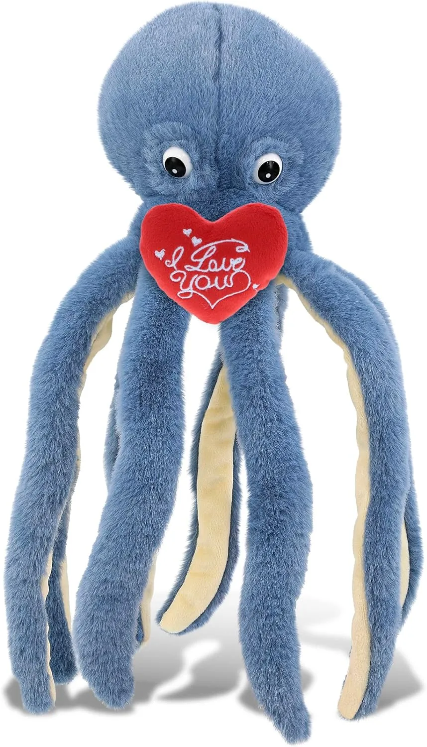 DolliBu I Love You Valentine Plush Super Soft Blue Octopus - Cute Stuffed Animal with Red Heart and Name Personalization Gift for Valentines Day, Birthday, Anniversary, Romantic Date - 15 Inches