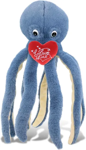 DolliBu I Love You Valentine Plush Super Soft Blue Octopus - Cute Stuffed Animal with Red Heart and Name Personalization Gift for Valentines Day, Birthday, Anniversary, Romantic Date - 15 Inches