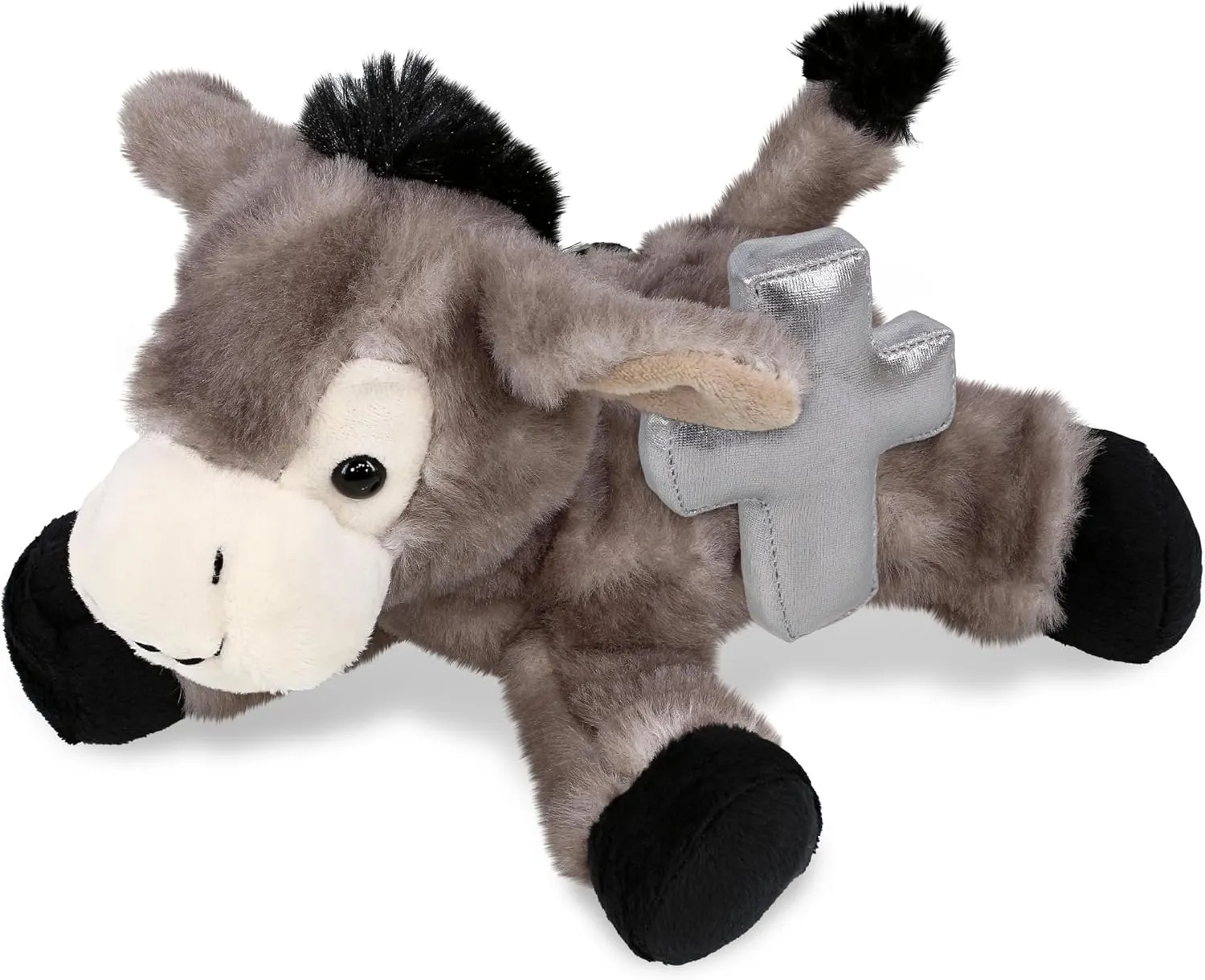 DolliBu Lying Grey Donkey Stuffed Animal with Silver Cross Plush – Religious Baptism Gifts for Boys and Girls, Dedication Christening Gifts Plush Prayer Toy Healing Stuffed Animal - 9 Inches