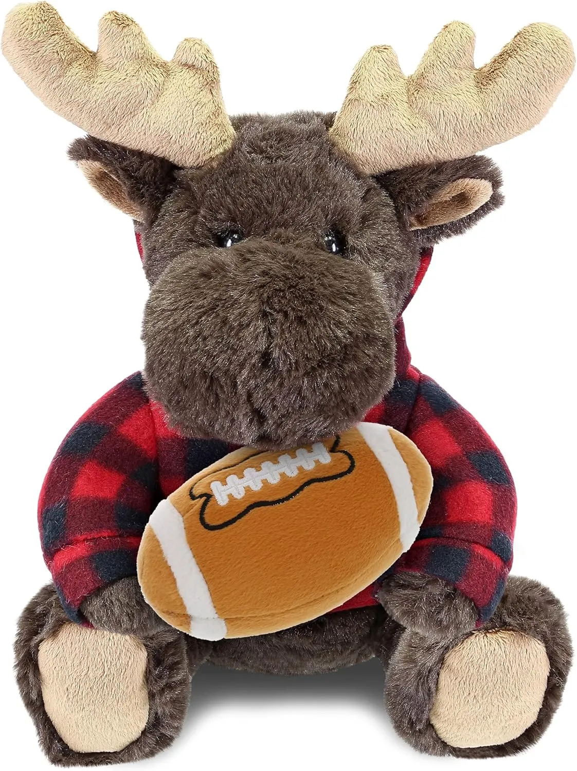 DolliBu Moose Stuffed Animal with Football Plush – Super Soft Huggable Bear with Red Plaid Hoodie, Personalized Football Plush Animal for Kids and Adults - 10 Inches