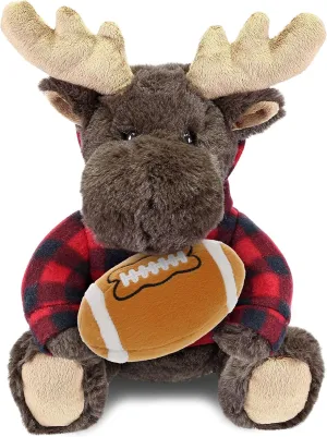 DolliBu Moose Stuffed Animal with Football Plush – Super Soft Huggable Bear with Red Plaid Hoodie, Personalized Football Plush Animal for Kids and Adults - 10 Inches