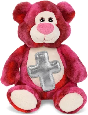 DolliBu Pink Tie-Dye Bear Stuffed Animal with Silver Cross and Personalization - Religious Baptism Gift for Boys and Girls, Dedication Christening Gift Plush Prayer Toy Healing Teddy Bear - 8 Inches