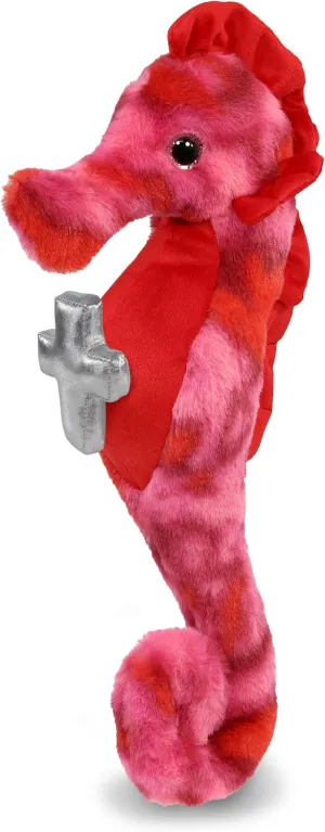DolliBu Pink Tie-Dye Seahorse Stuffed Animal with Silver Cross and Personalization - Religious Baptism Gifts for Boys and Girls, Dedication Christening Plush Prayer Toy Healing Teddy Bear - 15 Inches