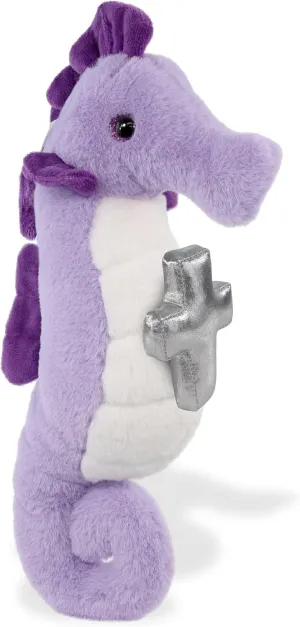 DolliBu Purple Seahorse Stuffed Animal with Silver Cross and Personalization - Religious Seahorse Plush Baptism Gifts, Dedication Christening Gifts Plush Prayer Toy Healing Teddy Bear -12 Inches