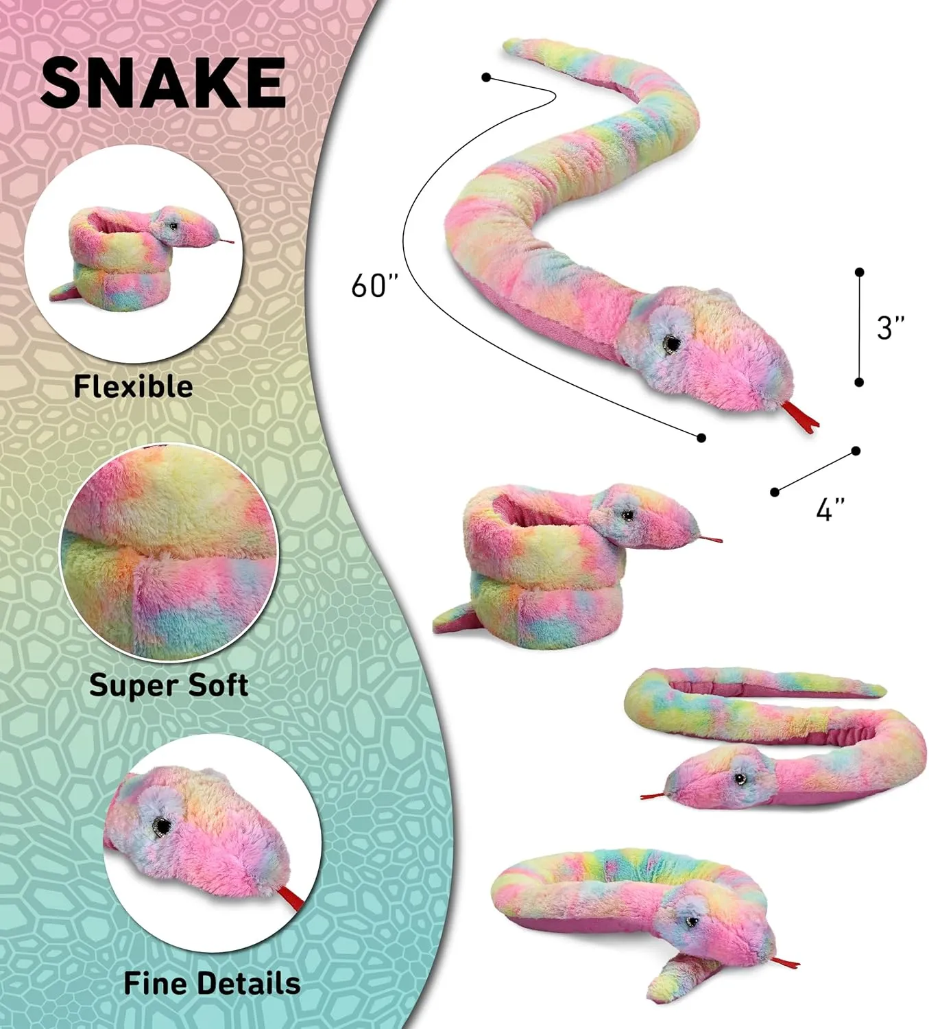 DolliBu Rainbow Tie-Dye Snake Stuffed Animal - Huggable Snake Plush, Adorable Playtime Toy, Cute Wildlife Cuddle Gift - Super Soft Plush Doll Animal Toy for Kids and Adults - 60 Inches