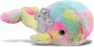 DolliBu Rainbow Whale Large Stuffed Animal with Silver Cross and Personalization - Religious Baptism Gifts for Boys and Girls, Dedication Christening Gifts Plush Prayer Toy Healing Teddy - 9 Inch