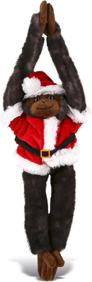 DolliBu Santa Long Arm Hanging Black Capuchin Monkey Stuffed Animal Plush Toy - Soft Plush Dress Up with Red Santa Claus Outfit, Cute Holiday with Name Personalization - 21 Inches